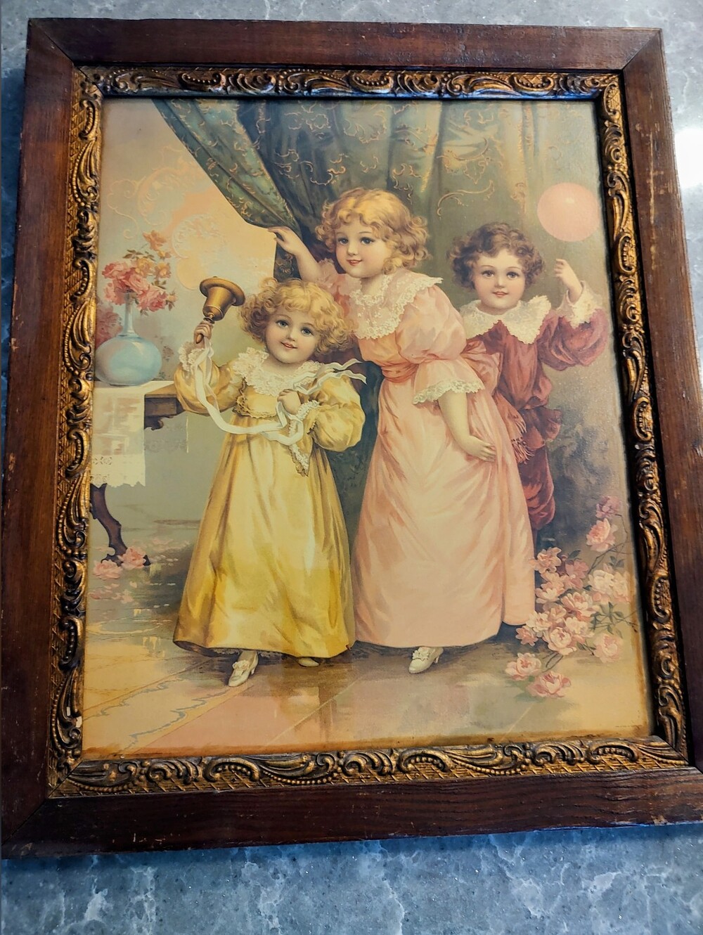 Antique Framed Victorian Girls ringing a bell dressed for a party 20 X 24